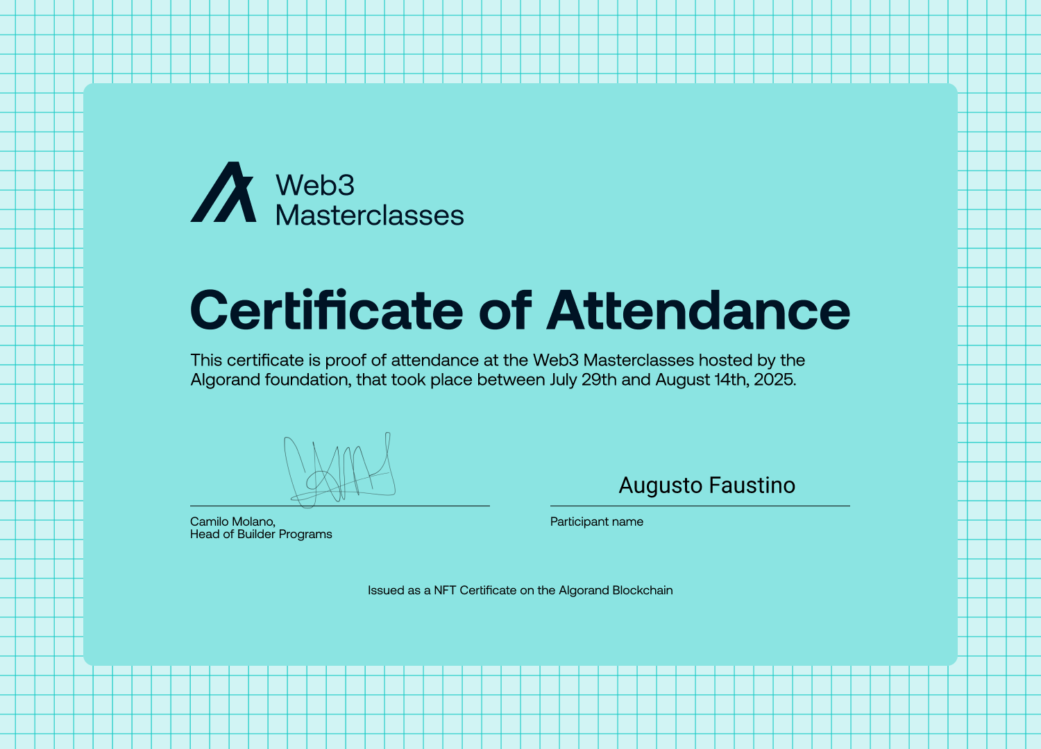 Algorand Masterclass Certificate